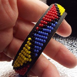 AFRICAN MAASAI ARTISAN COLORFUL BEADED INTRICATE DESIGN LEATHER CUFF BRACELET 17